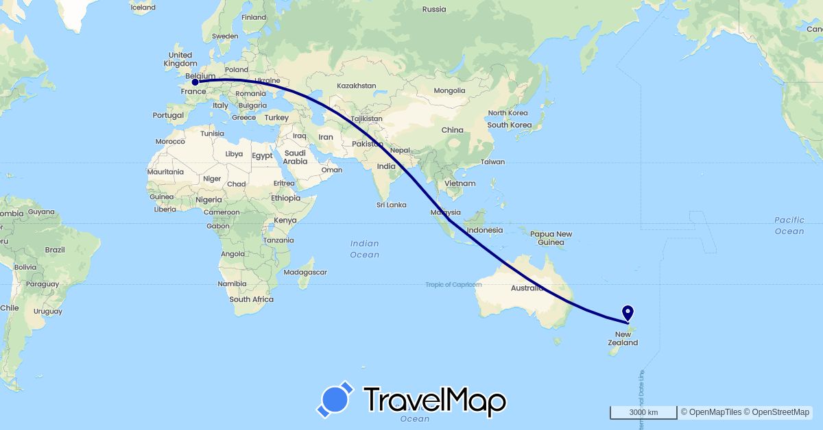 TravelMap itinerary: driving in France, New Zealand, Singapore (Asia, Europe, Oceania)